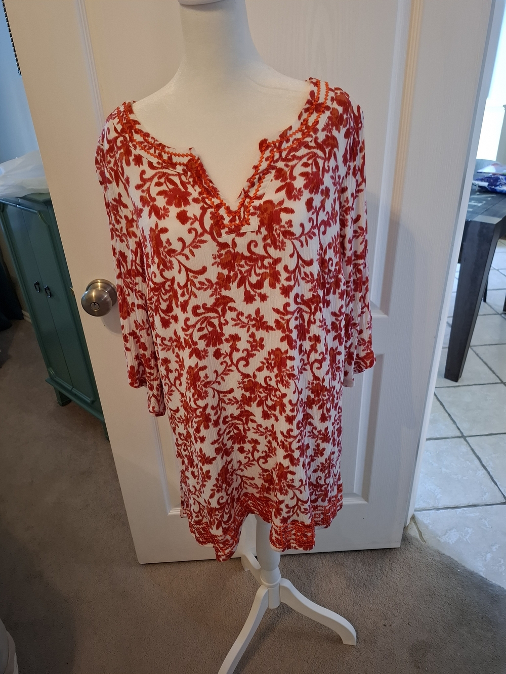 Bohemian Red Floral V-Neck Tunic